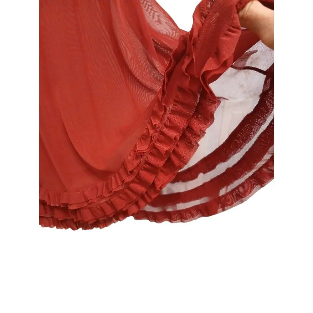 Babydoll Lingerie Sz M Red Semi Sheer Lace Padded Rhinestone Embroidered‎ Ruffle - Picture 4 of 12